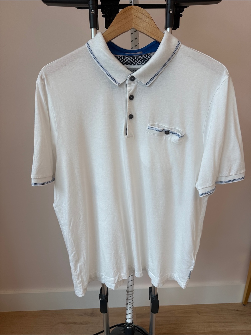 Ted Baker London White Polo with Blue Trim and Pocket Detail